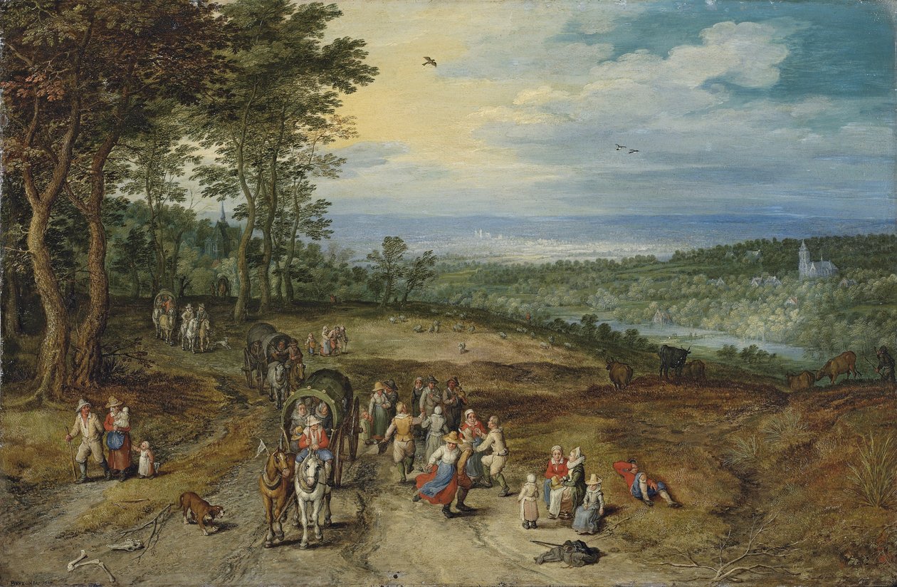 Laaja metsäinen maisema, jonka etualalla kulkijat kulkevat tiellä ja talonpojat tanssivat / Landscape with Travellers and Peasants on a Track (Maisema, jossa kulkijoita ja talonpoikia kulkee tiellä) tekijältä Jan Brueghel the Elder