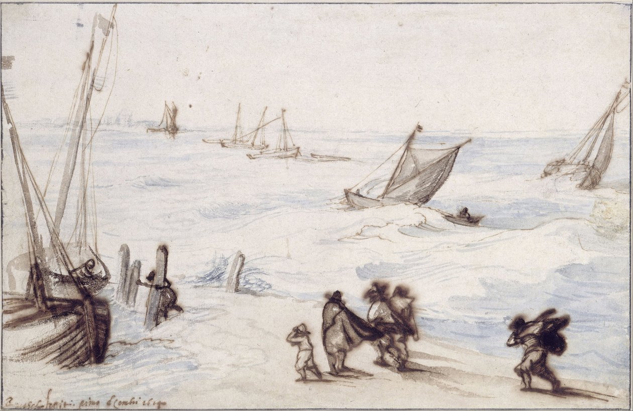 Ranta purjeveneiden ja myrskyävän meren kanssa tekijältä Jan Brueghel the Elder