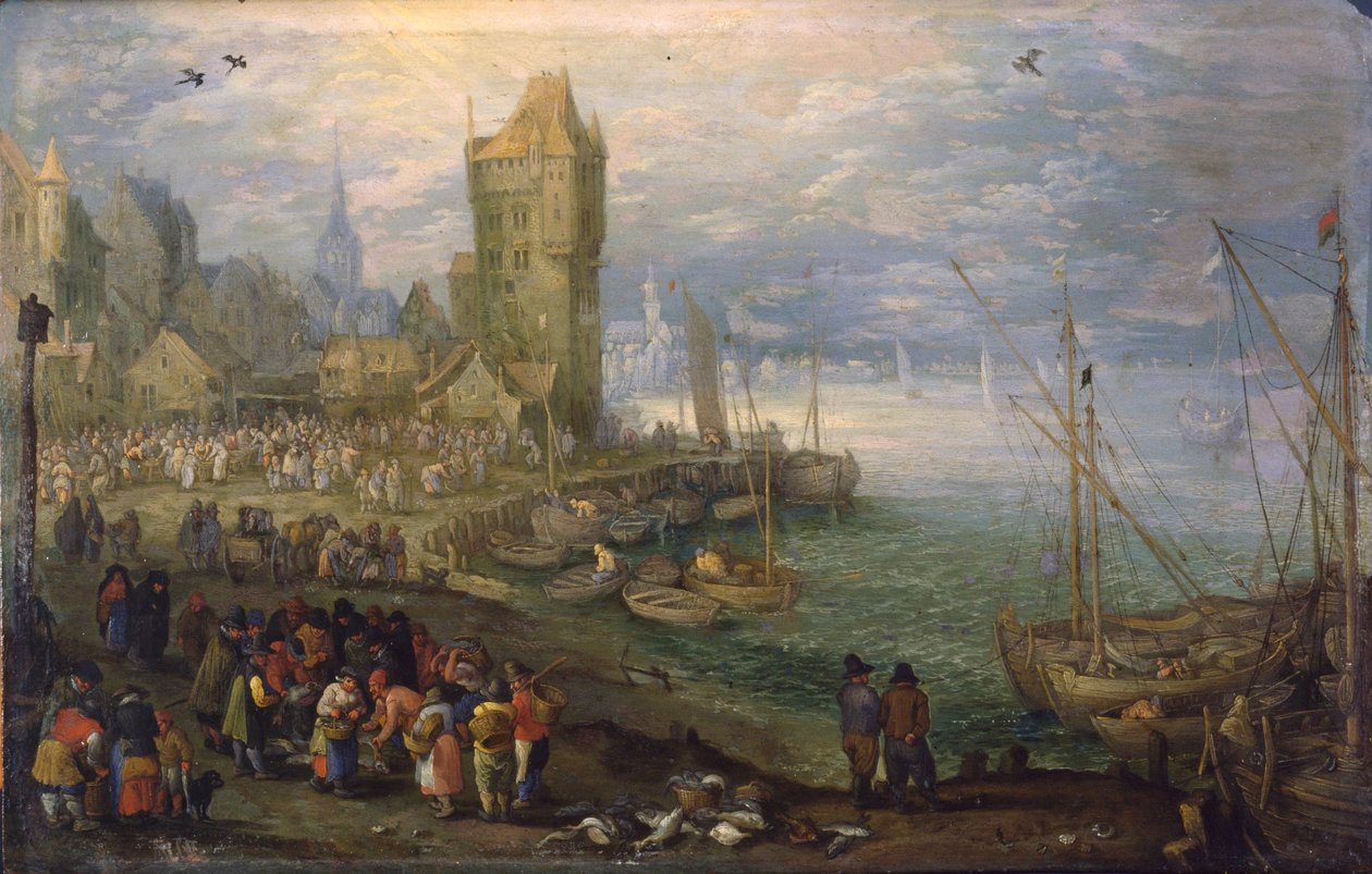 Hollanti: Kalamarkkinat sataman lähellä Kalamarkkinat sataman lähellä tekijältä Jan Brueghel the Elder