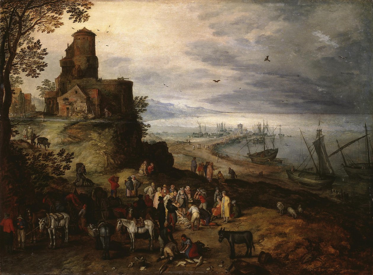Kalamarkkinat (apostolien Pietarin ja Andreaksen kutsuminen) tekijältä Jan Brueghel the Elder