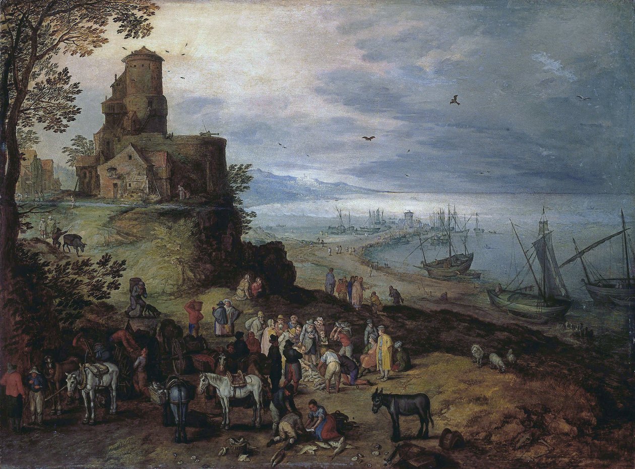 Kalamarkkinat (apostolien Pietarin ja Andreaksen kutsuminen) tekijältä Jan Brueghel the Elder