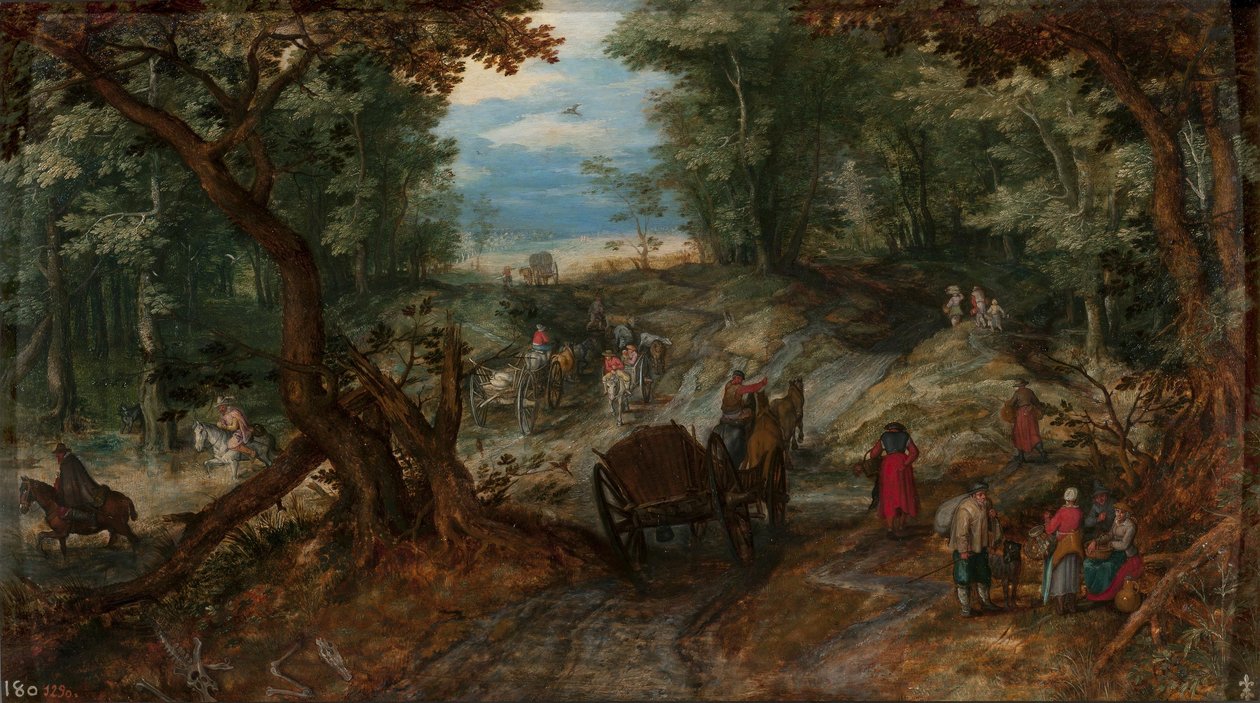 Metsä, jossa kärryt ylittävät puroa ja ratsastajia tekijältä Jan Brueghel the Elder