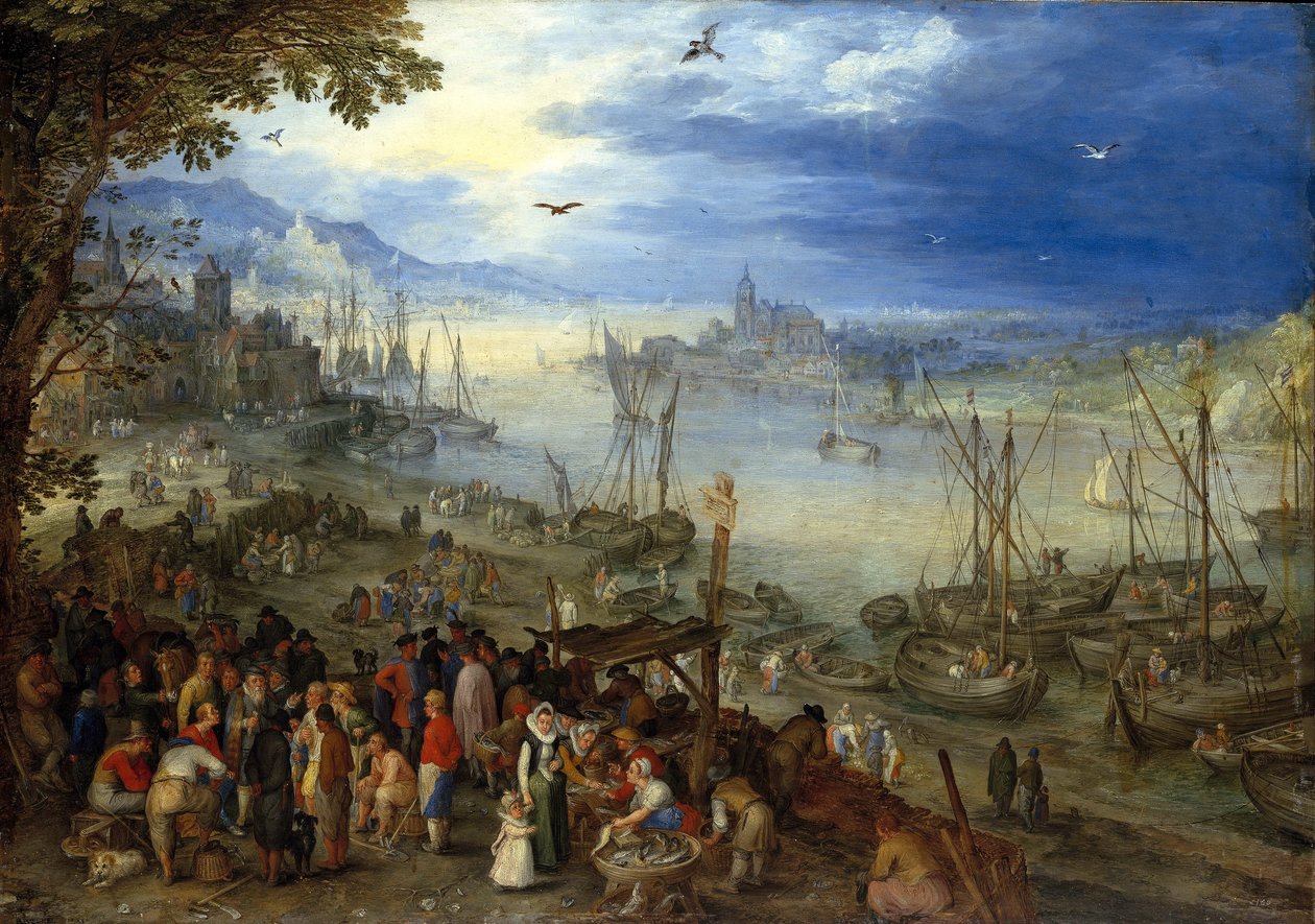 Saksa: Fischmarkt am Ufer eines Flusses Kalamarkkinat joen rannalla. tekijältä Jan Brueghel the Elder