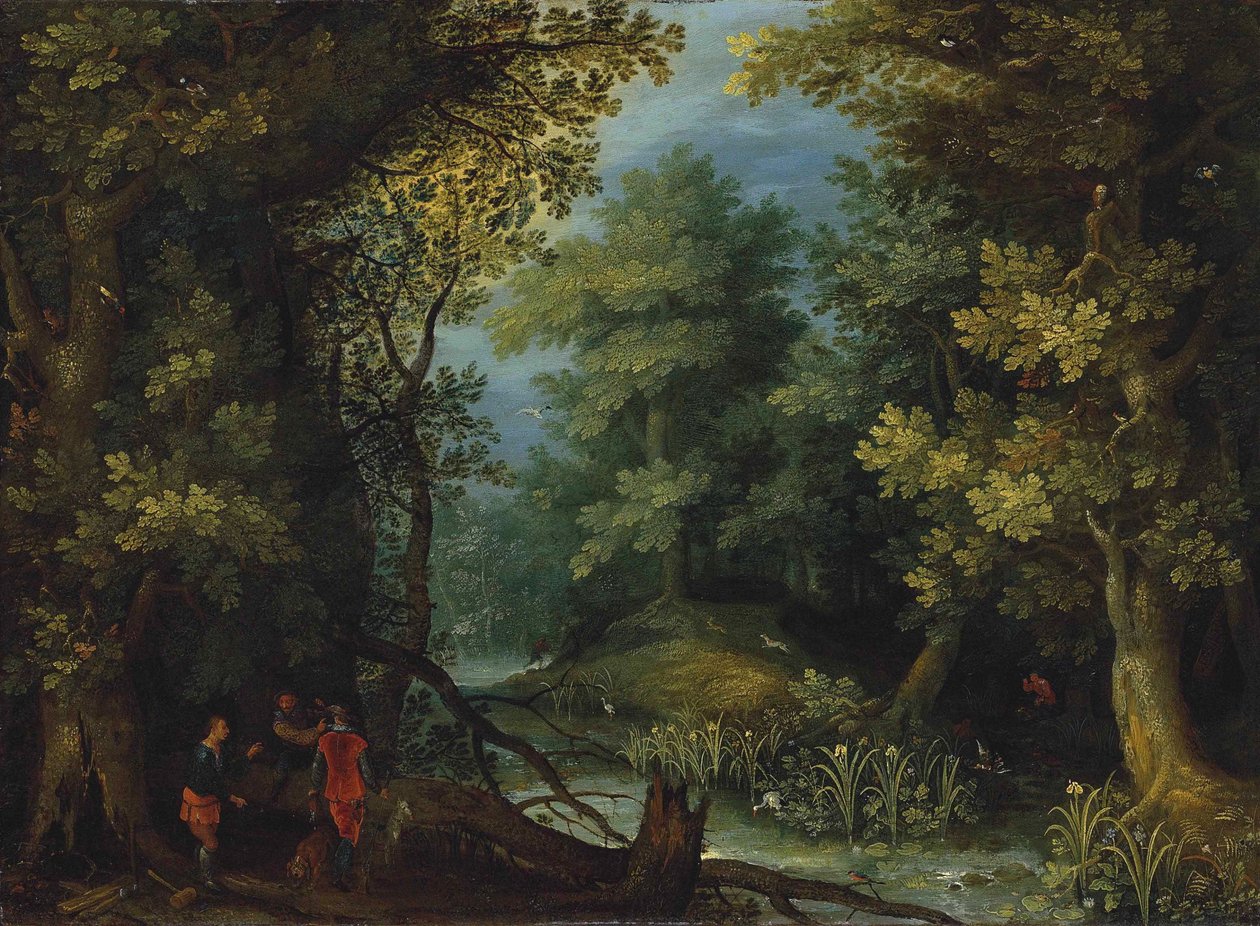 Metsästäjät ja koirat puron varrella metsäisessä maisemassa tekijältä Jan Brueghel the Elder