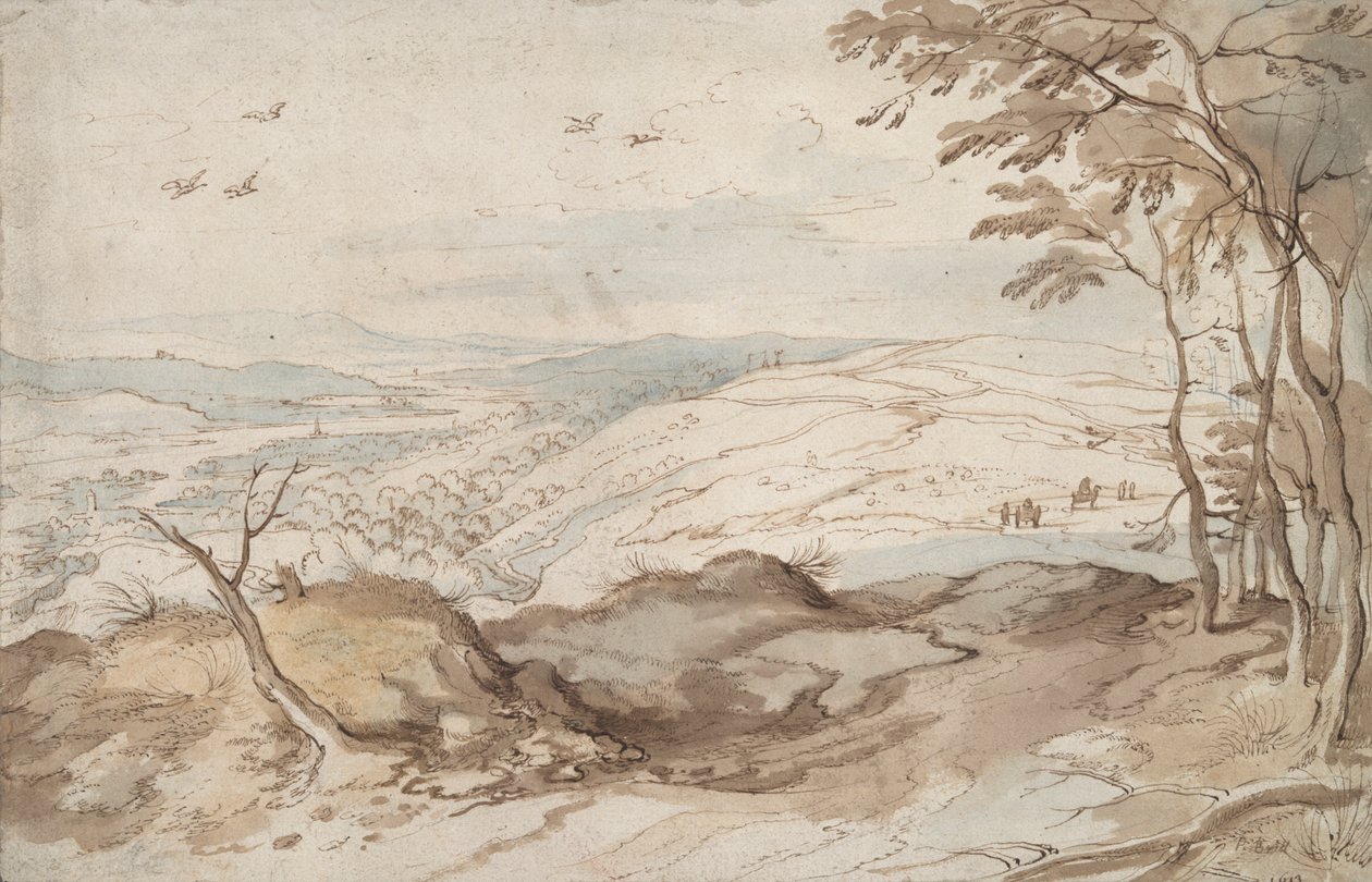 Vuoristoinen maisema näköalalla laaksoon tekijältä Jan Brueghel the Elder