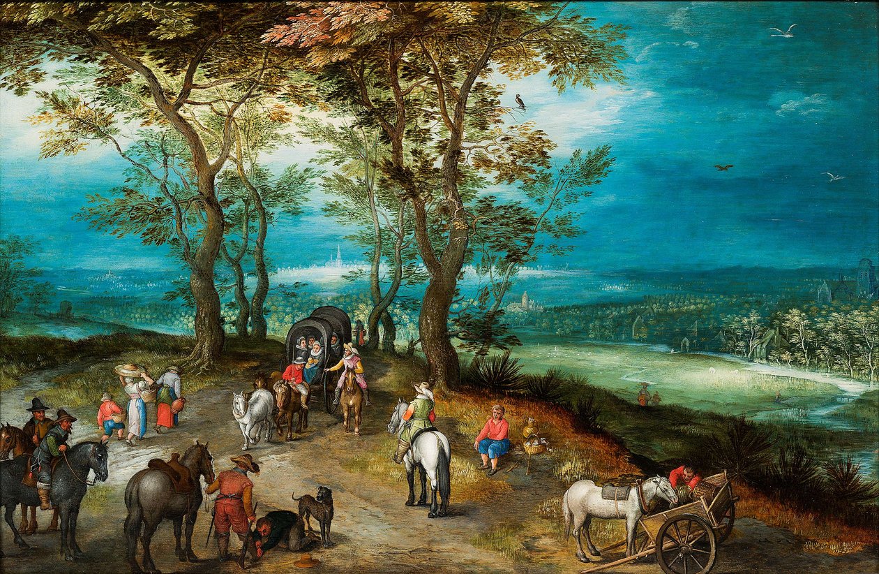 Laaja maisema, jossa on hevoskärryjä ja kulkijoita tiellä. tekijältä Jan Brueghel the Younger