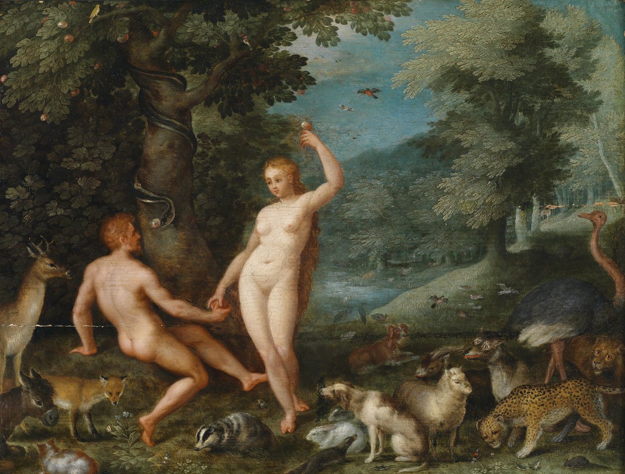 Paratiisimaisema, jossa Eeva houkuttelee Adamia tekijältä Jan Brueghel the Younger