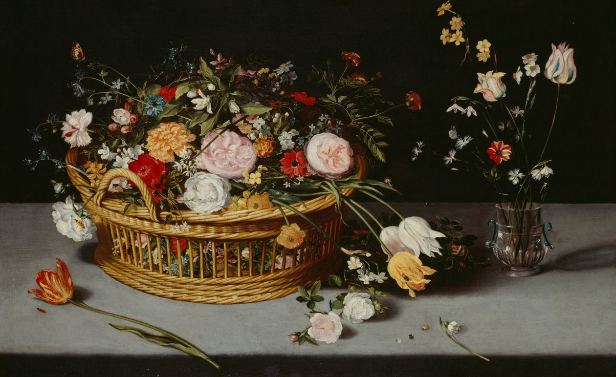 "Asetelma korin ja kukkamaljakon kanssa", c1620. tekijältä Jan Brueghel the Younger