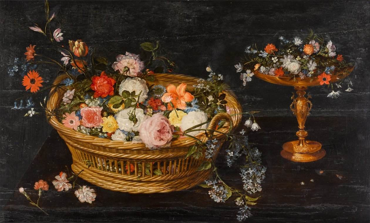 Asetelma, jossa on kukkia korissa ja kullatussa tazzassa tekijältä Jan Brueghel the Younger