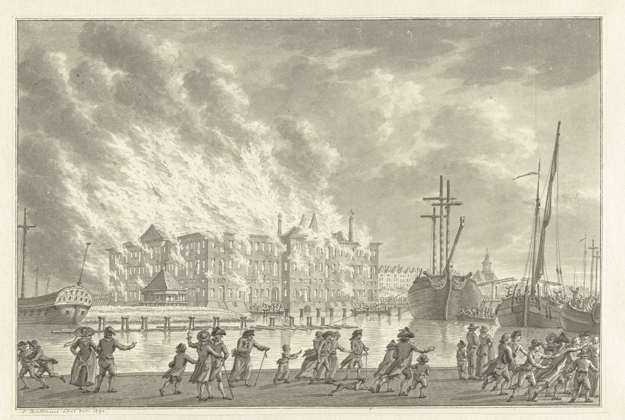 Fire in the Lands Zeemagazijn, 1791 tekijältä Jan Bulthuis (signed by artist)