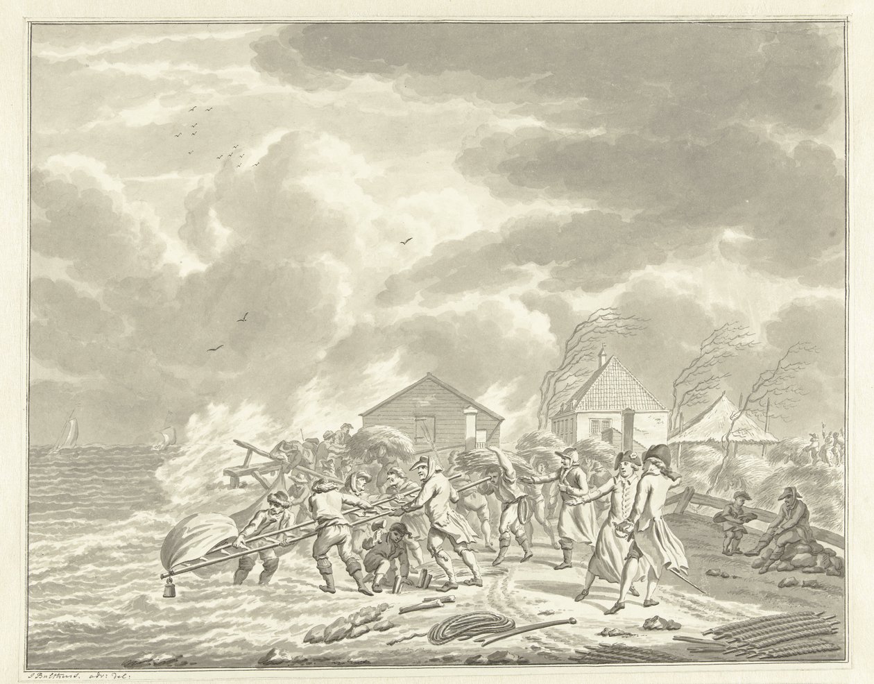 Diemerzeedijkin tulva lähellä Amsterdamia, 1776 tekijältä Jan Bulthuis (signed by artist)
