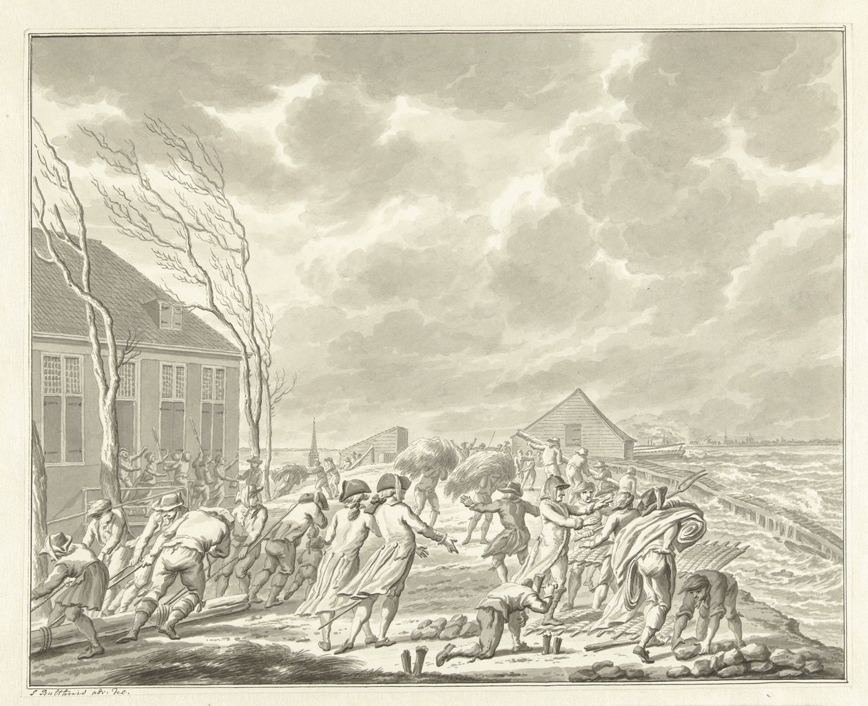 Diemerzeedijkin tulva lähellä Amsterdamia, 1776 tekijältä Jan Bulthuis (signed by artist)