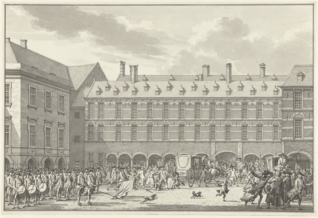 Häiriöt kun Dordrechtin edustajat ajavat Stadhouderspoortin läpi Binnenhofissa, 1786 tekijältä Jan Bulthuis