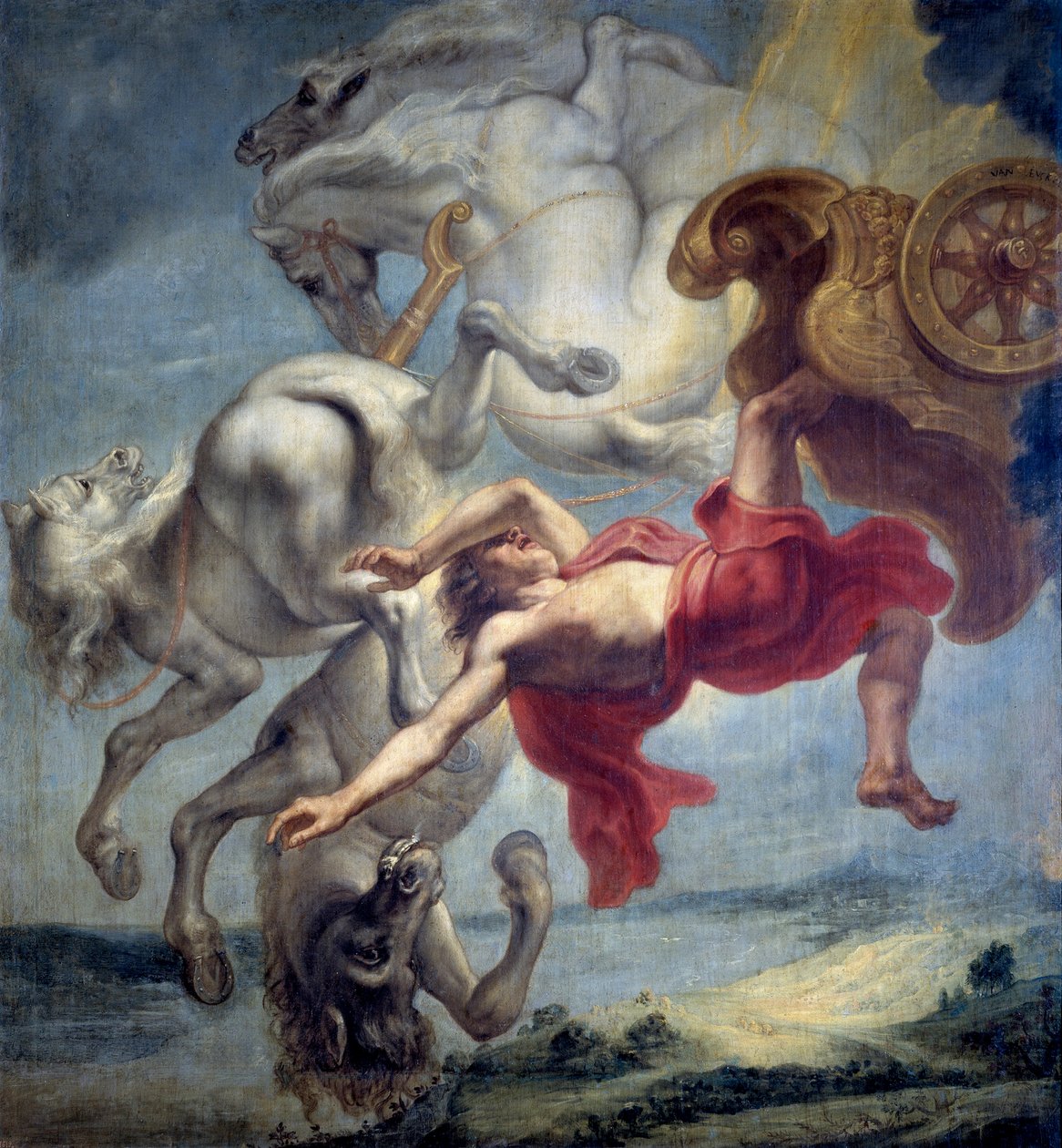 Phaetonin kaatuminen: ei pysty hallitsemaan Heliosin vaunuja, Zeus iskee Phaetonin (Phaethon) ja putoaa Eridan-jokeen (Phaetonin kaatuminen) - Jan Carel van Eyckin maalaus (1649-noin 1690), Öljy kankaalle, 1600-luvun loppu, koko: 197x18 tekijältä Jan Carel van Eyck