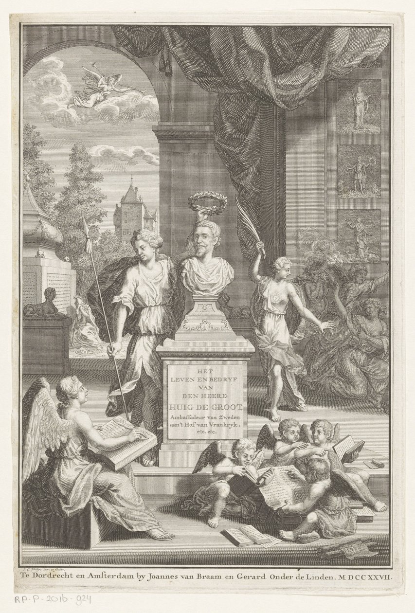 Victorian ylistämä Hugo de Grootin rintakuva Herra Huig de Grootin elämä ja liiketoiminta (otsikko esineessä) Otsikko: Caspar Brandt ja Adriaan van Cattenburg, Huig de Grootin elämänhistoria, 1727 tekijältä Jan Caspar Philips