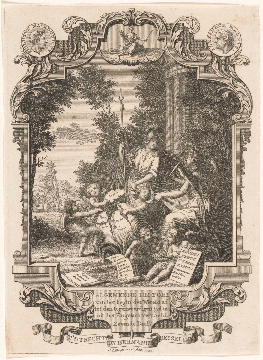 Kartussi, jossa on allegoria Kreikan historiasta Nimisivu: Kornelis Westerbaen, Algemeene histori, 1742 tekijältä Jan Caspar Philips