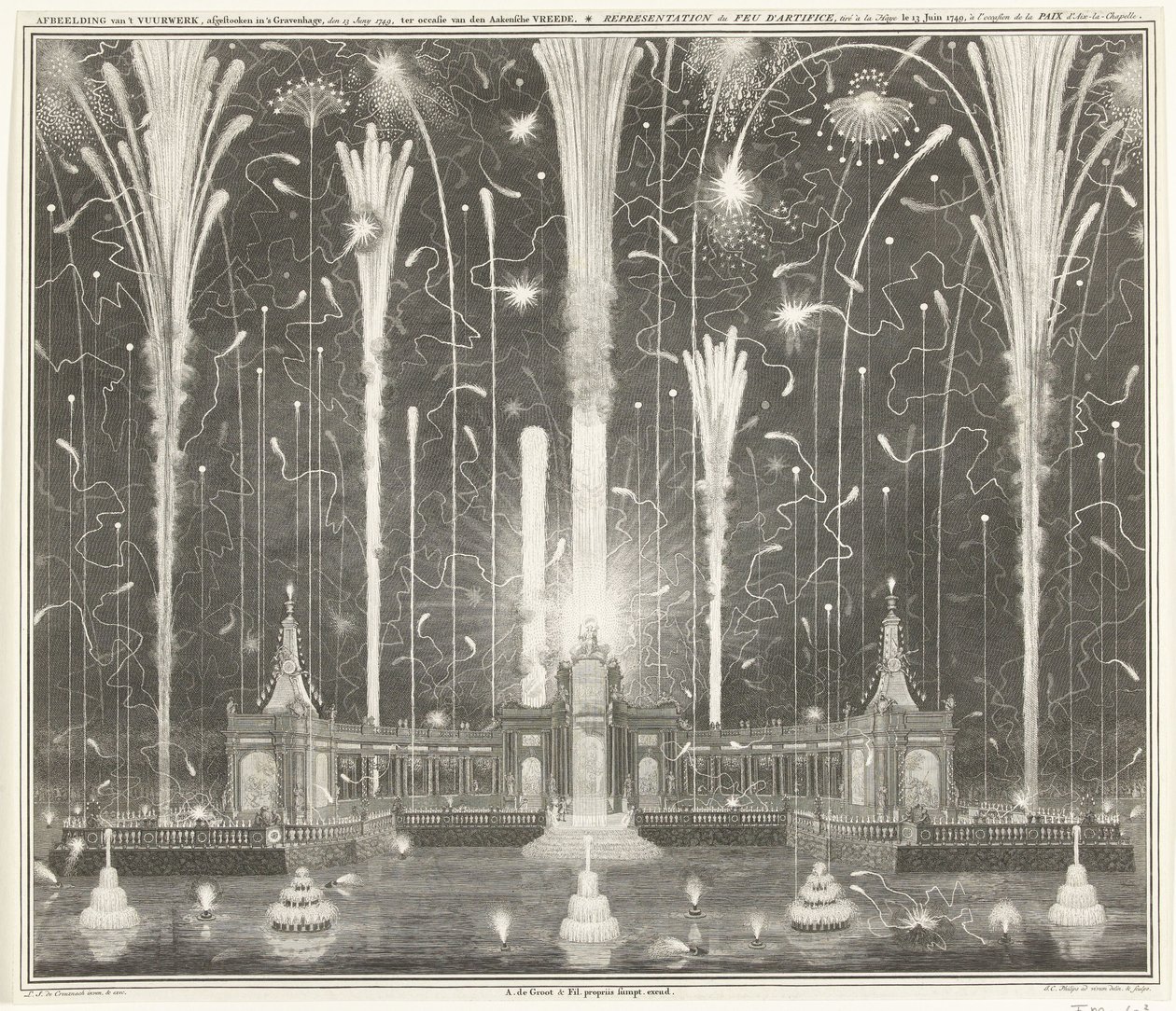 Ilotulitus Haagissa Aachenin rauhan puolesta, 1749 Kuvaus ilotulituksesta, ammuttu Haagissa 13. kesäkuuta 1749, käyttänyt den Aakensche Vreede / Representation du feu d
