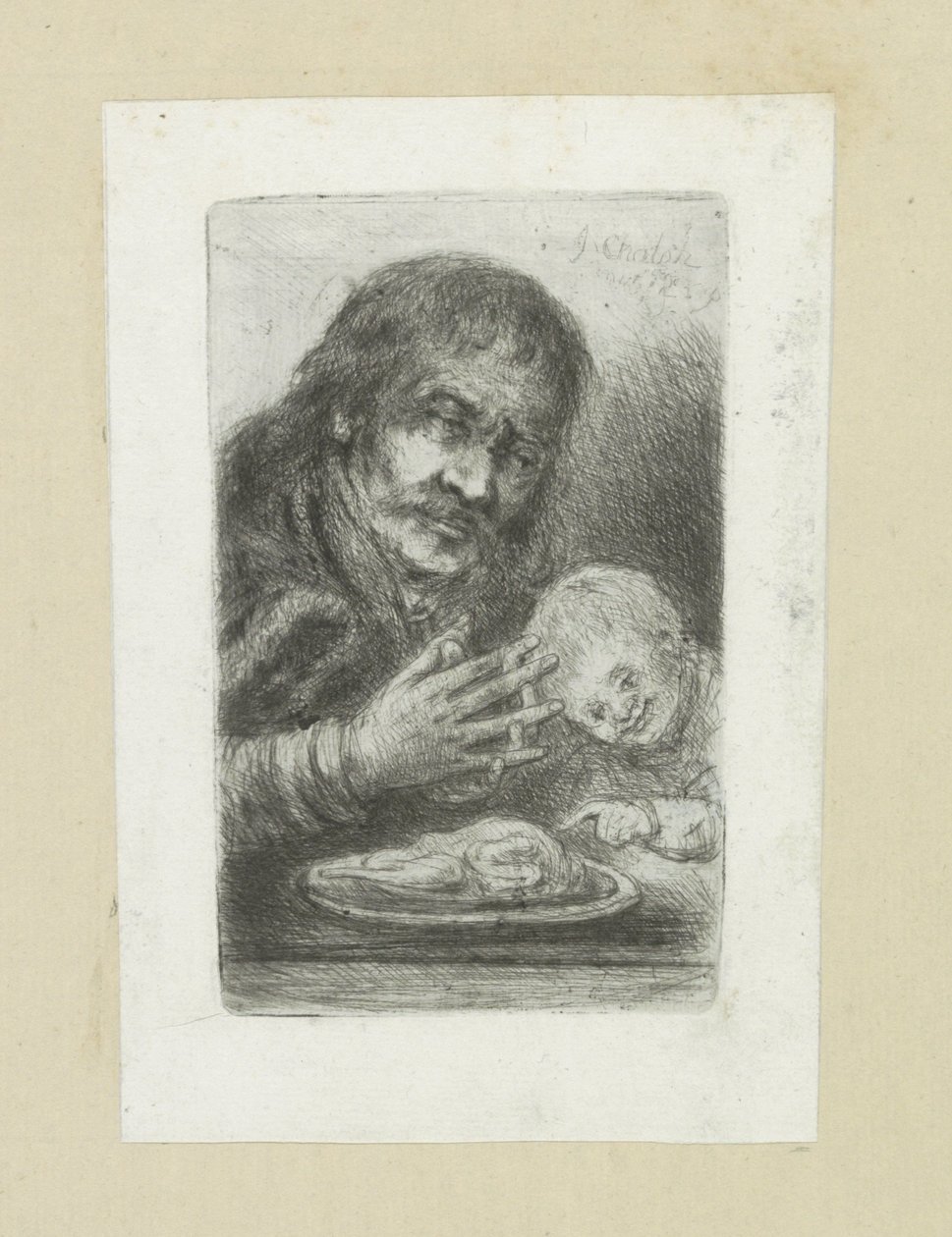 Man in kind aan de eettafel John Chalonin etsausten täydellinen työ / Oeuvre Complette des Eaux Fortes par Jean Chalon (sarjan nimi) tekijältä Jan Chalon