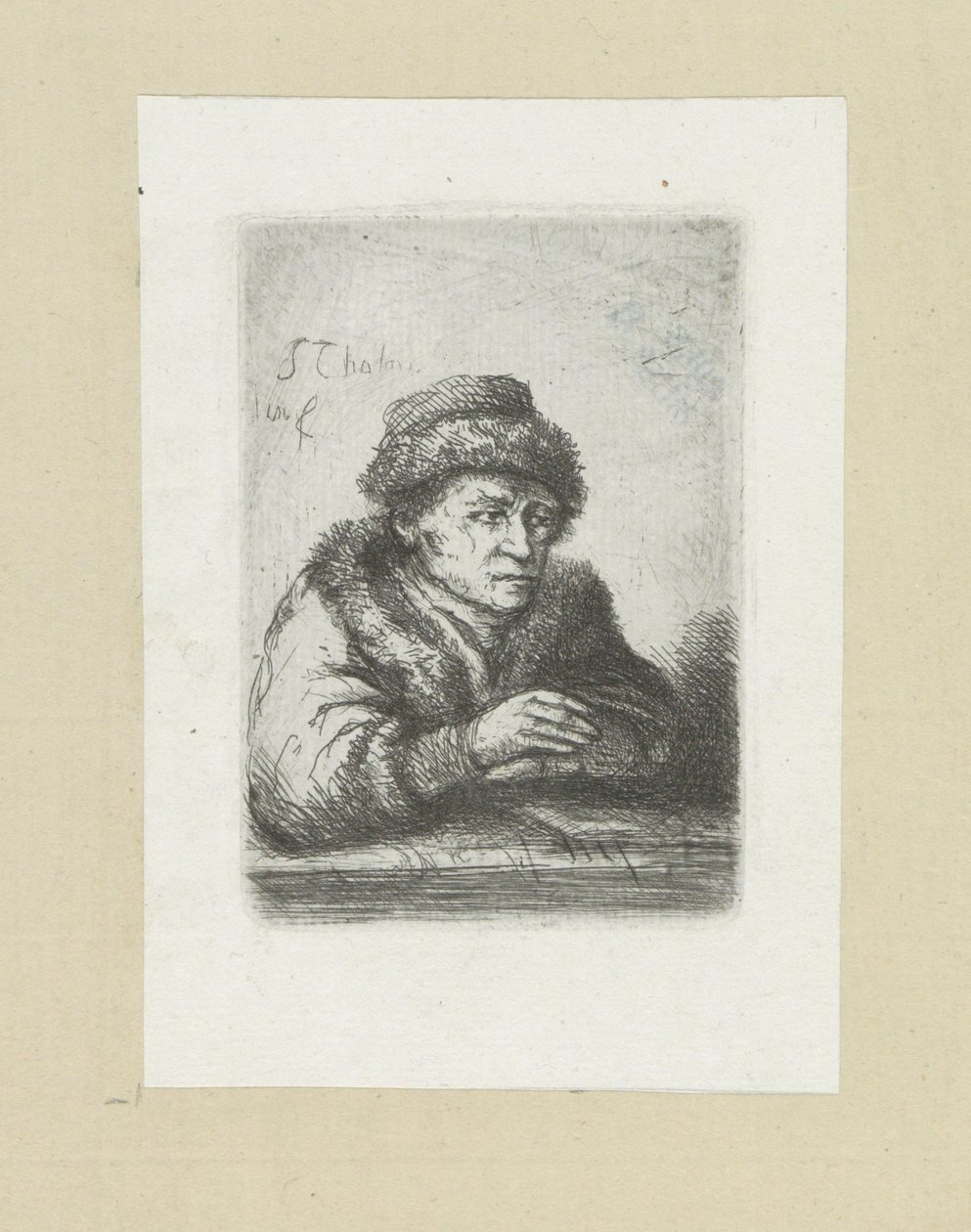 Volwassen man aan een tafel, bontmantelissa John Chalonin etsausten täydellinen työ / Oeuvre Complette des Eaux Fortes par Jean Chalon (sarjan nimi) tekijältä Jan Chalon
