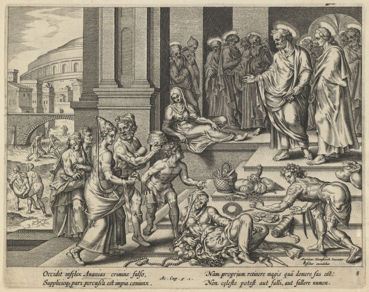Vertaus Ananiasta ja Safirasta, 1600-luvun alku. tekijältä Jan Claesz Visscher