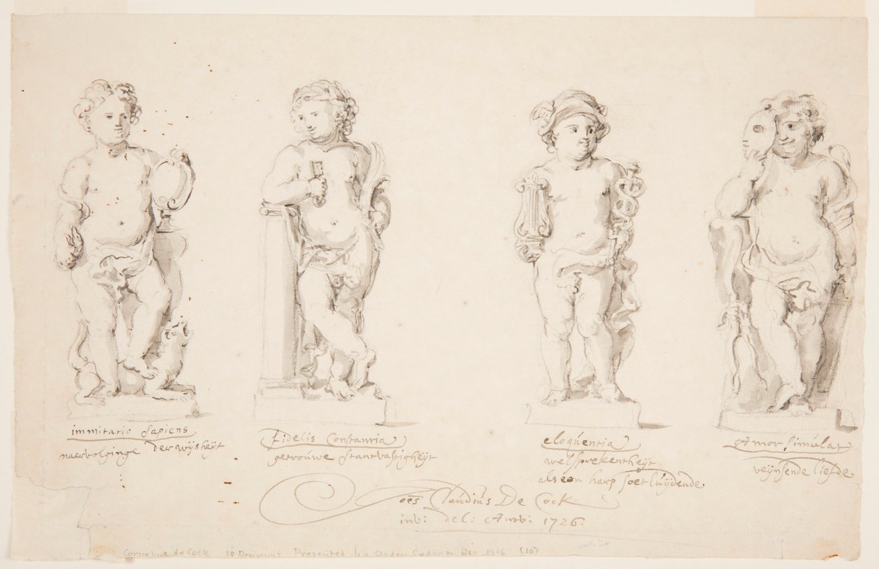 Piirustus, patsaiden hankkeet: "Viisaus". "Pysyvyys." "Puhetaito." "Amor naamioituneena", 1726. tekijältä Jan Claudius de Cock
