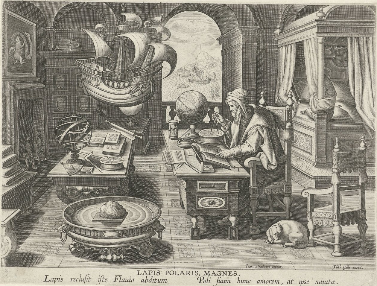 Kompassin keksintö Lapis Polaris, Magnes (otsikko esineessä) Uusia keksintöjä ja löytöjä (sarjan nimi) Nova Reperta (sarjan nimi) tekijältä Jan Collaert (II) (attributed to)