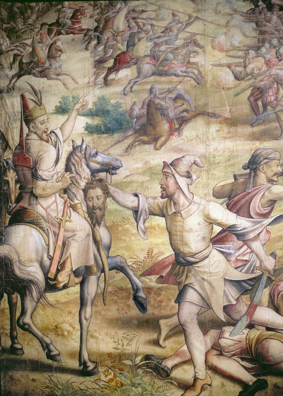 Keisari Kaarle V:n 1500-58 kampanja turkkilaisia vastaan Tunisissa vuonna 1535: Golettan valloitus, yksityiskohta jalkaväen sotilaasta, joka pitää ruumiillista päätä, piirroskuva gobeliiniin hiiltä ja wc:tä paperille. tekijältä Jan Cornelisz Vermeyen