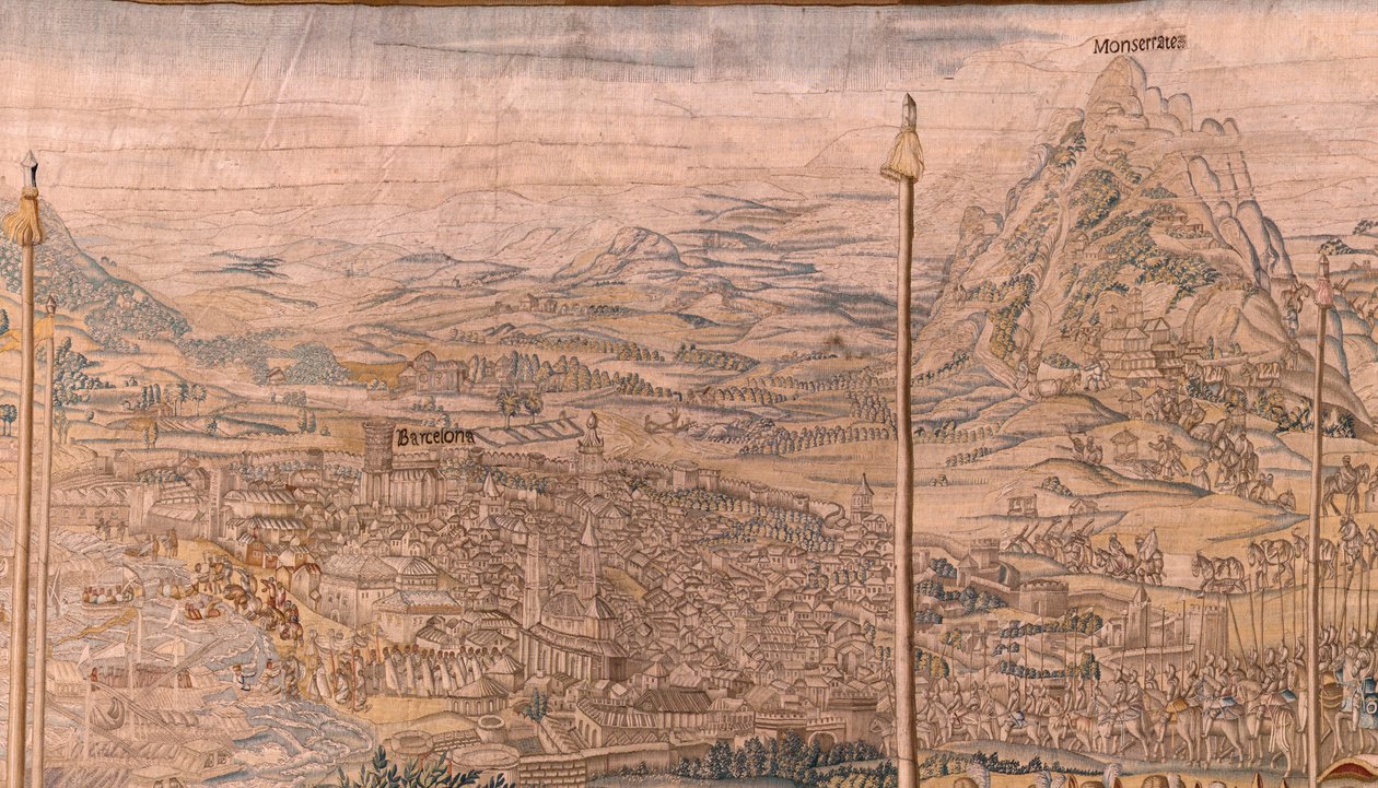 Flanderin kuvakudos. Sarja Tunisin valloitus; Barcelonan joukkojen katsaus (La revista de las tropas en Barcelona). Sarjan toinen kuvakudos. Malli Jan Vermeyen ja Pieter Coecke van Aelst. 1543-1548. Valmistus Real Fábrica de Tapices de Sant tekijältä Jan Cornelisz Vermeyen