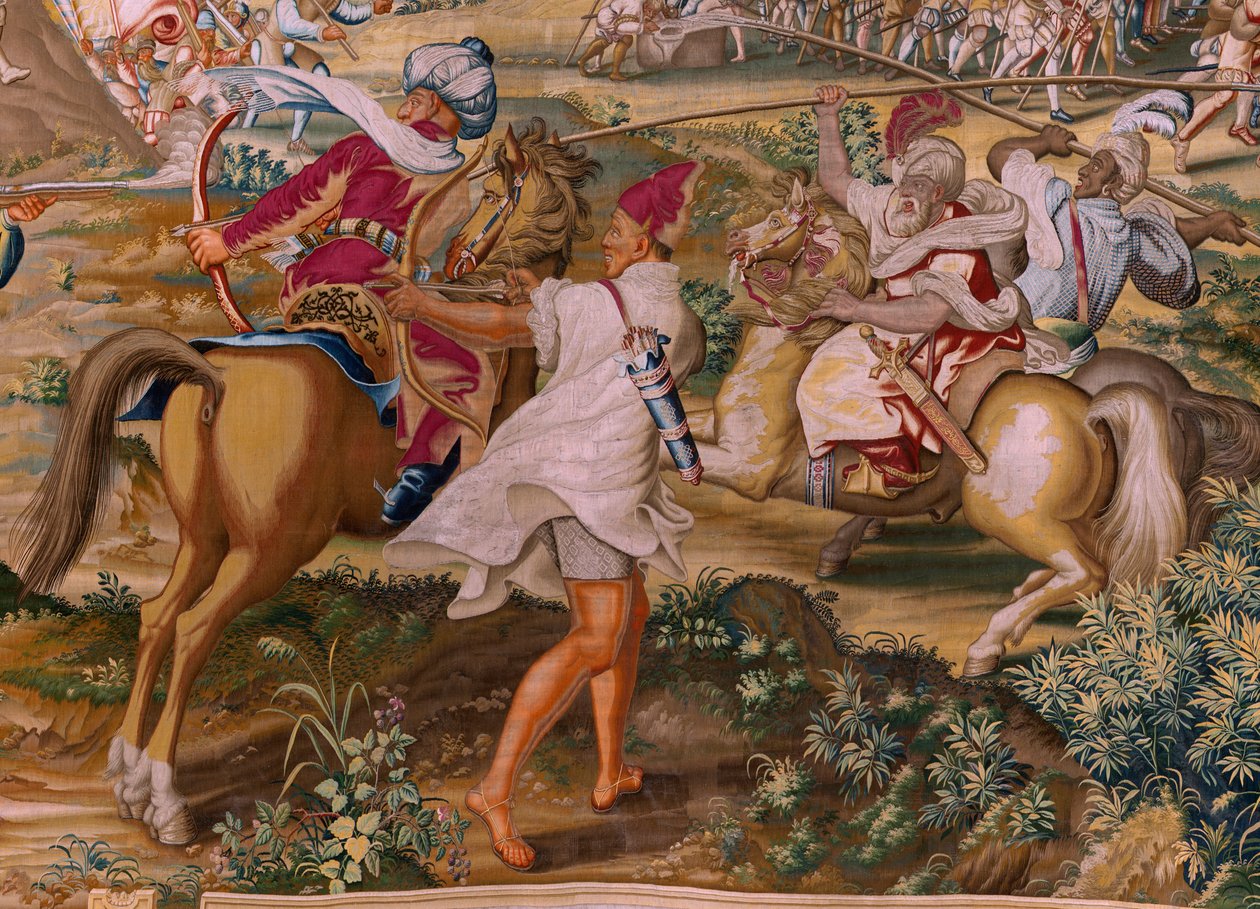 Flanderin kuvakudos. Sarja Tunisin valloitus. Hyökkäys La Goletaan (Ataque a la Goleta). Sarjan neljäs kuvakudos. Malli Jan Vermeyen ja Pieter Coecke van Aelst. 1543-1548. Valmistus Real Fábrica de Tapices de Santa Bárbara, Madrid tekijältä Jan Cornelisz Vermeyen