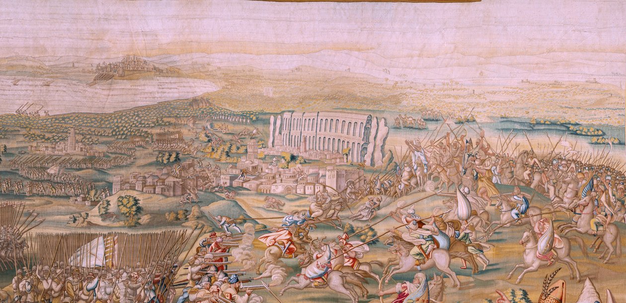 Flanderin kuvakudos. Sarja Tunisin valloitus. Hyökkäys La Goletaan (Ataque a la Goleta). Sarjan neljäs kuvakudos. Malli Jan Vermeyen ja Pieter Coecke van Aelst. 1543-1548. Valmistus Real Fábrica de Tapices de Santa Bárbara, Madrid tekijältä Jan Cornelisz Vermeyen