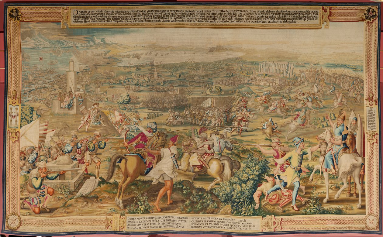 Flanderin kuvakudos. Sarja Tunisin valloitus. Hyökkäys La Goletaan (Ataque a la Goleta). Sarjan neljäs kuvakudos. Malli Jan Vermeyen ja Pieter Coecke van Aelst. 1543-1548. Valmistus Real Fábrica de Tapices de Santa Bárbara, Madrid tekijältä Jan Cornelisz Vermeyen