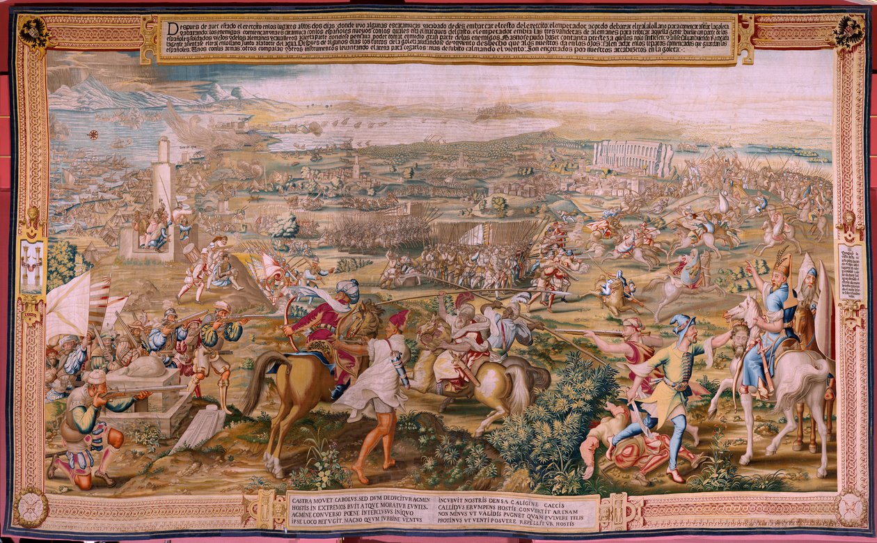 Flanderin kuvakudos. Sarja Tunisin valloitus. Hyökkäys La Goletaan (Ataque a la Goleta). Sarjan neljäs kuvakudos. Malli Jan Vermeyen ja Pieter Coecke van Aelst. 1543-1548. Valmistus Real Fábrica de Tapices de Santa Bárbara, Madrid tekijältä Jan Cornelisz Vermeyen