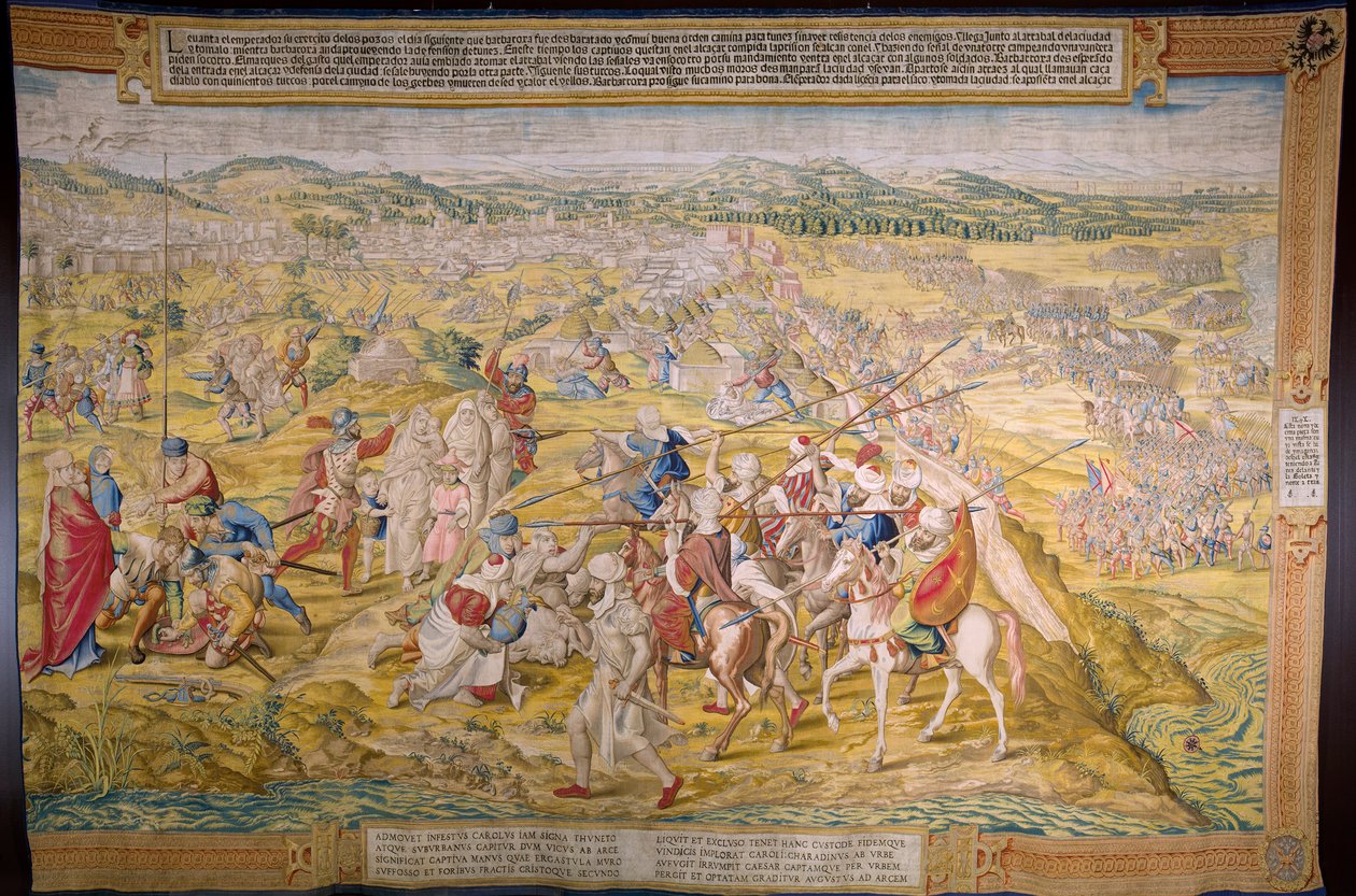 Flanderin kuvakudos. Sarja Tunisin valloitus: Tunisin valloitus. Sarjakuvapiirtäjä Jan Cornelisz Vermeyen. Studio Willem de Pannemaker, Bryssel. noin 1545. tekijältä Jan Cornelisz Vermeyen