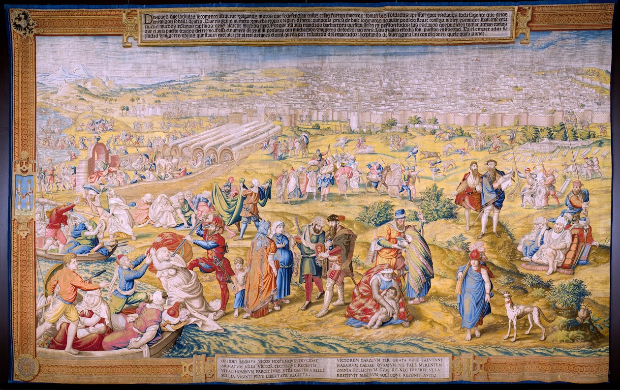 Flanderin kuvakudos. Sarja Tunisin valloitus: Tunisin ryöstö. Sarjakuvapiirtäjä Jan Cornelisz Vermeyen. Studio Willem de Pannemaker, Bryssel. noin 1545. tekijältä Jan Cornelisz Vermeyen