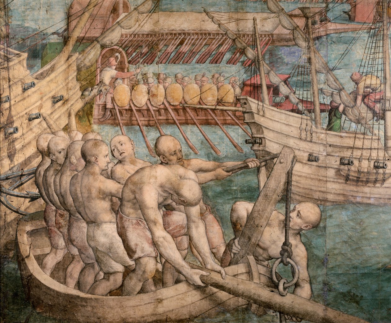 Galley orjia. Yksityiskohta: Keisari Kaarle V vangitsee Tunisin kuvakudoksen sarjakuva, n. 1548. tekijältä Jan Cornelisz. Vermeyen