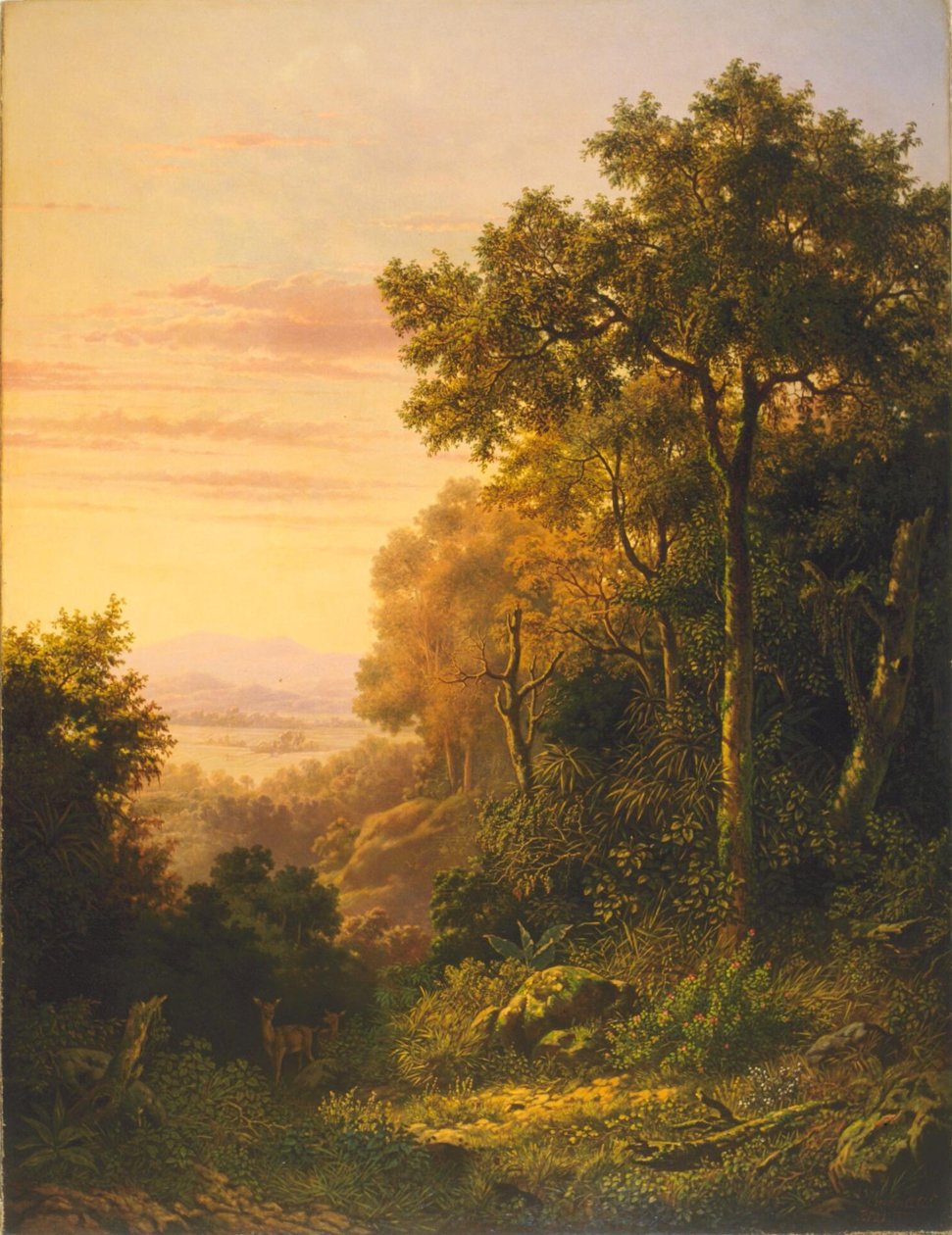 Hollanti: Maisema peurojen kanssa aamunkoitteessa / Javanese mountain landscape with deer Landscape with deer at dawn (Maisema peurojen kanssa aamunkoitteessa) tekijältä Jan Daniel Beynon