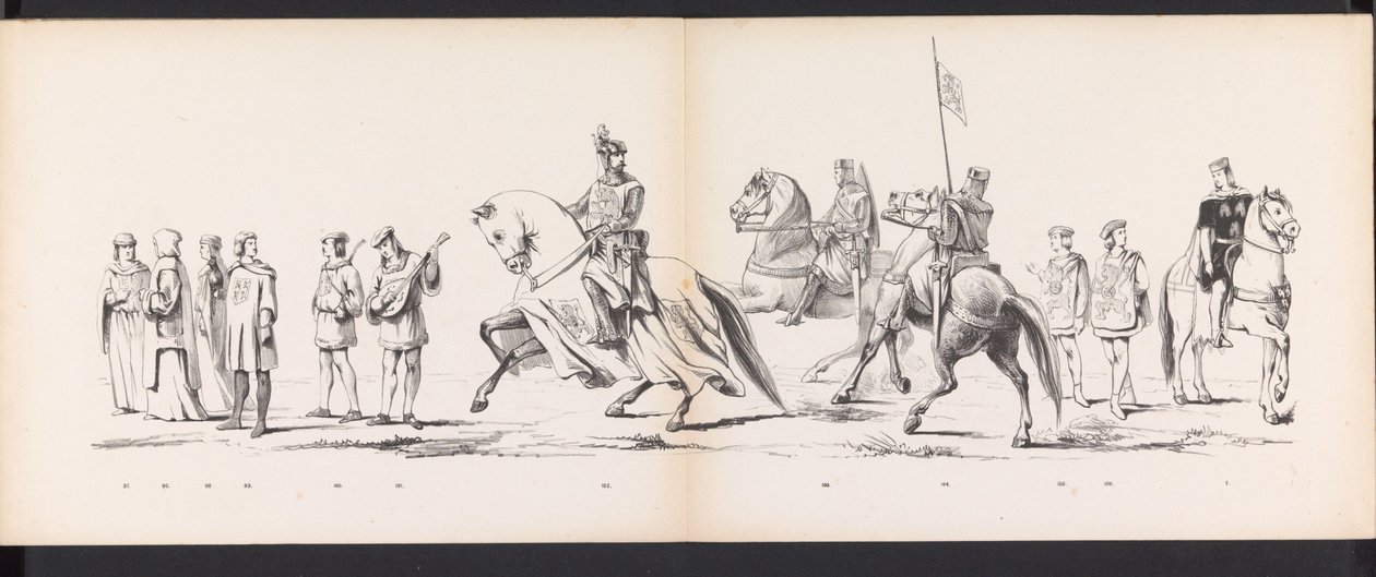 Leidenin opiskelijoiden naamiaiset, 1865 (levy 8) Leidenin opiskelijakunnan jäsenten pukukulkue 6. kesäkuuta 1865 Leidsche Hoogeschoolin 290-vuotisjuhlan kunniaksi. tekijältä Jan Daniël Cornelis Carel Willem baron de Constant Rebecque