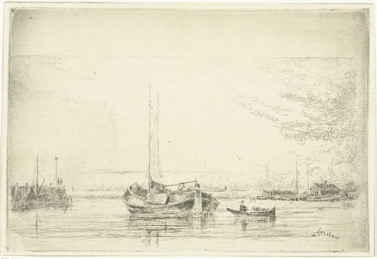 Jokinäkymä proomulla ja soutuveneellä tekijältä Jan Daniël Cornelis Carel Willem baron de Constant Rebecque