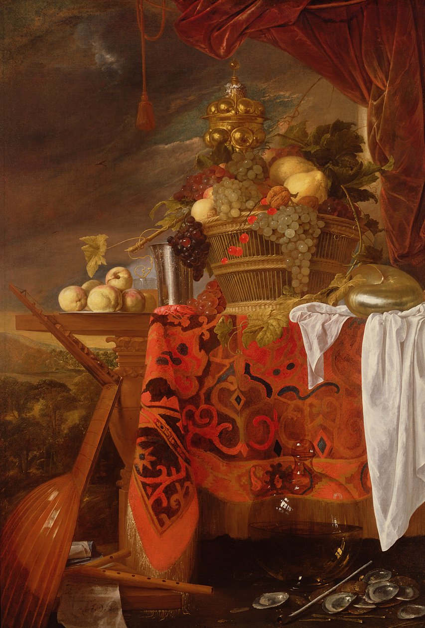 Kori sekahedelmiä kullatulla kupilla, hopeamaljalla, Nautiluksella, lasilla ja persikoilla lautasella tekijältä Jan Davidsz de Heem