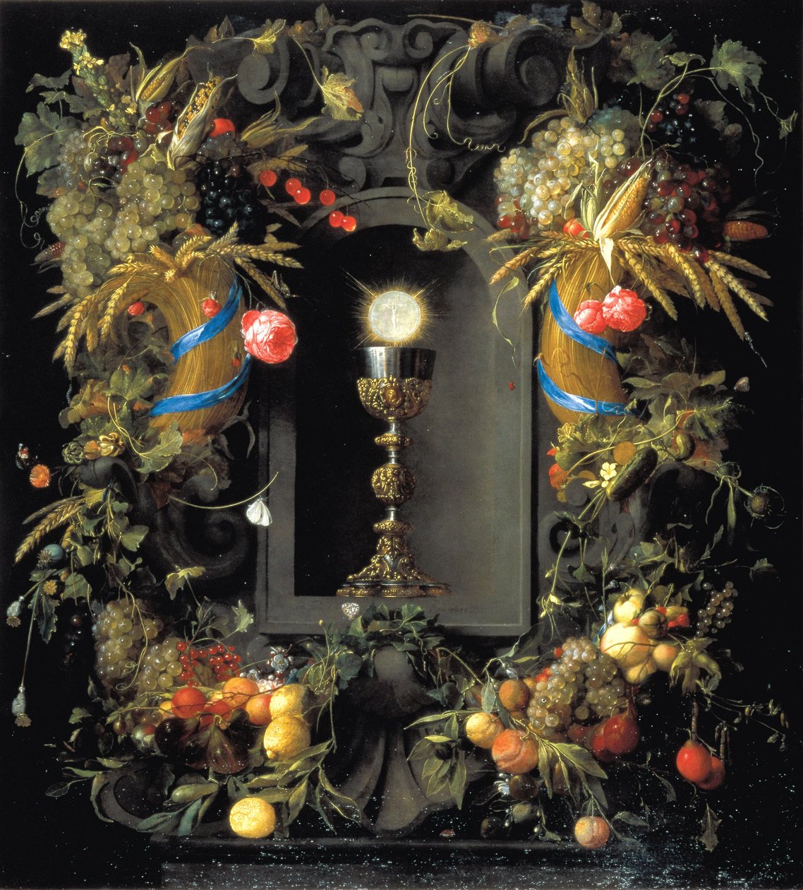 Ehtoolliskuppi, jota ympäröi hedelmäkimppu. tekijältä Jan Davidsz. de Heem