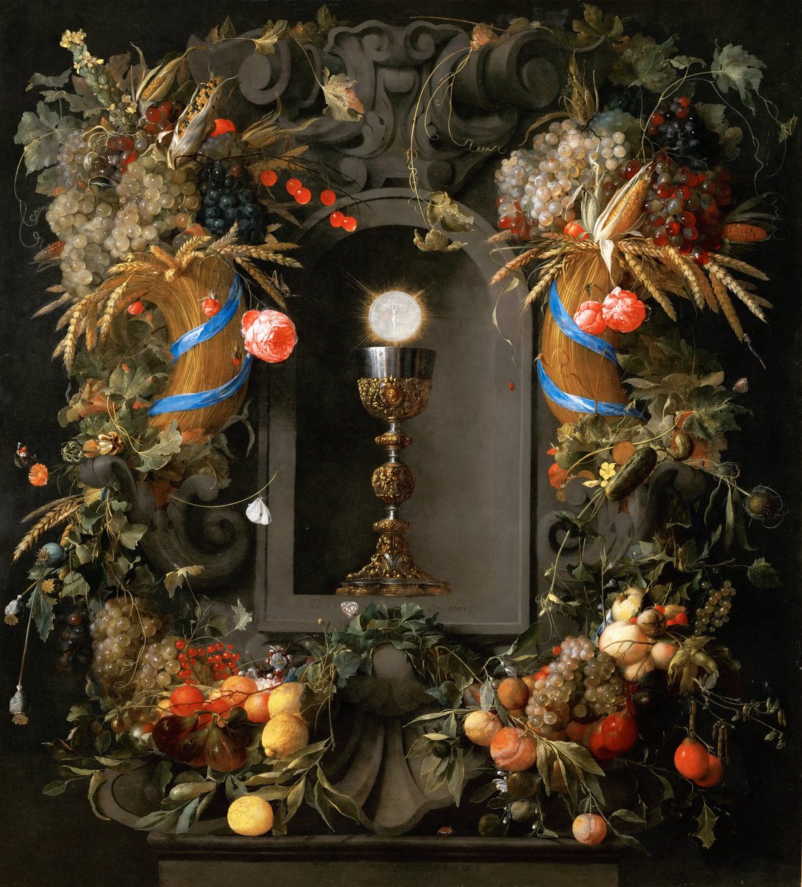 Eukaristia hedelmäseppeleessä - Jan Davidsz. de Heem (1606-1684). Öljy kankaalle tekijältä Jan Davidsz de Heem