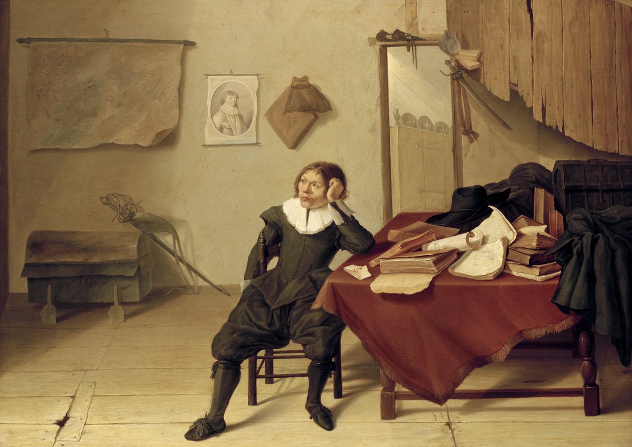 Huoneen sisustus, jossa mies istuu pöydän ääressä, 1600-luku tekijältä Jan Davidsz de Heem