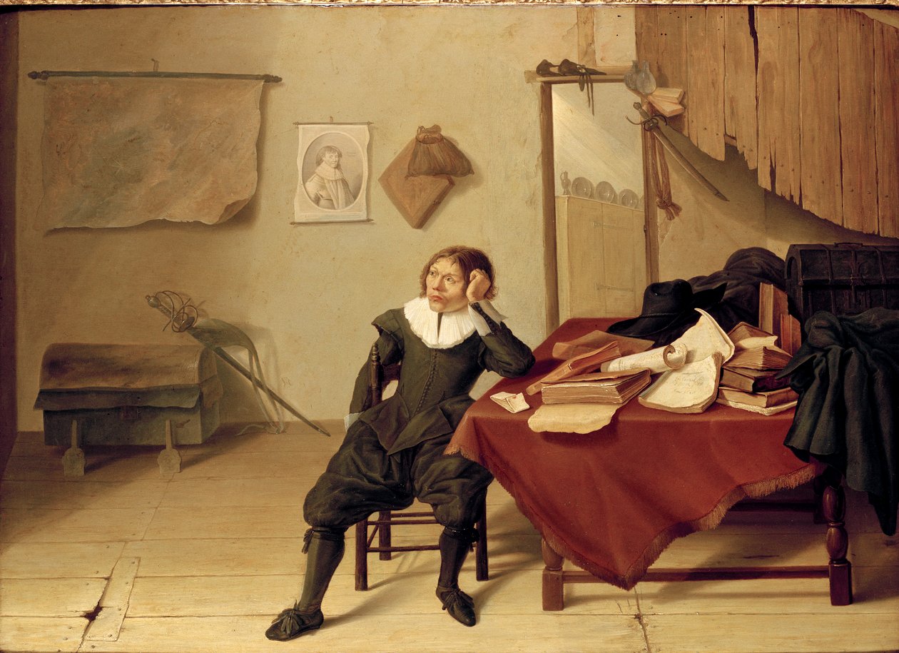 Huoneen sisustus, jossa nuori mies istuu pöydän ääressä, 1628 tekijältä Jan Davidsz de Heem