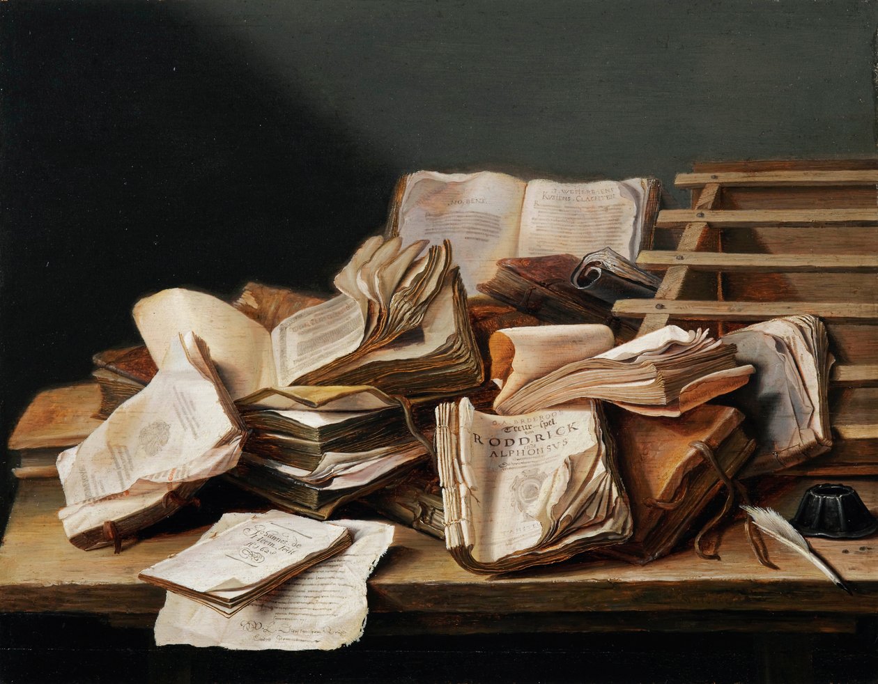 ""Asetelma kirjojen kanssa"" (Asetelma kirjojen kanssa) Jan van Heemin (1606-1684) maalaus tekijältä Jan Davidsz de Heem