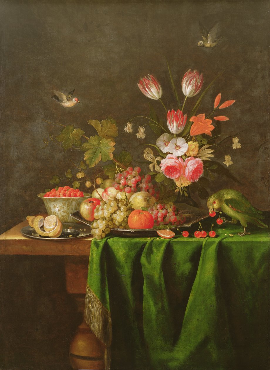 Hedelmien ja kukkien asetelma papukaijan kanssa vihreällä kankaalla peitetyllä pöydällä (katso lisätietoja kohdasta 100412) tekijältä Jan Davidsz de Heem