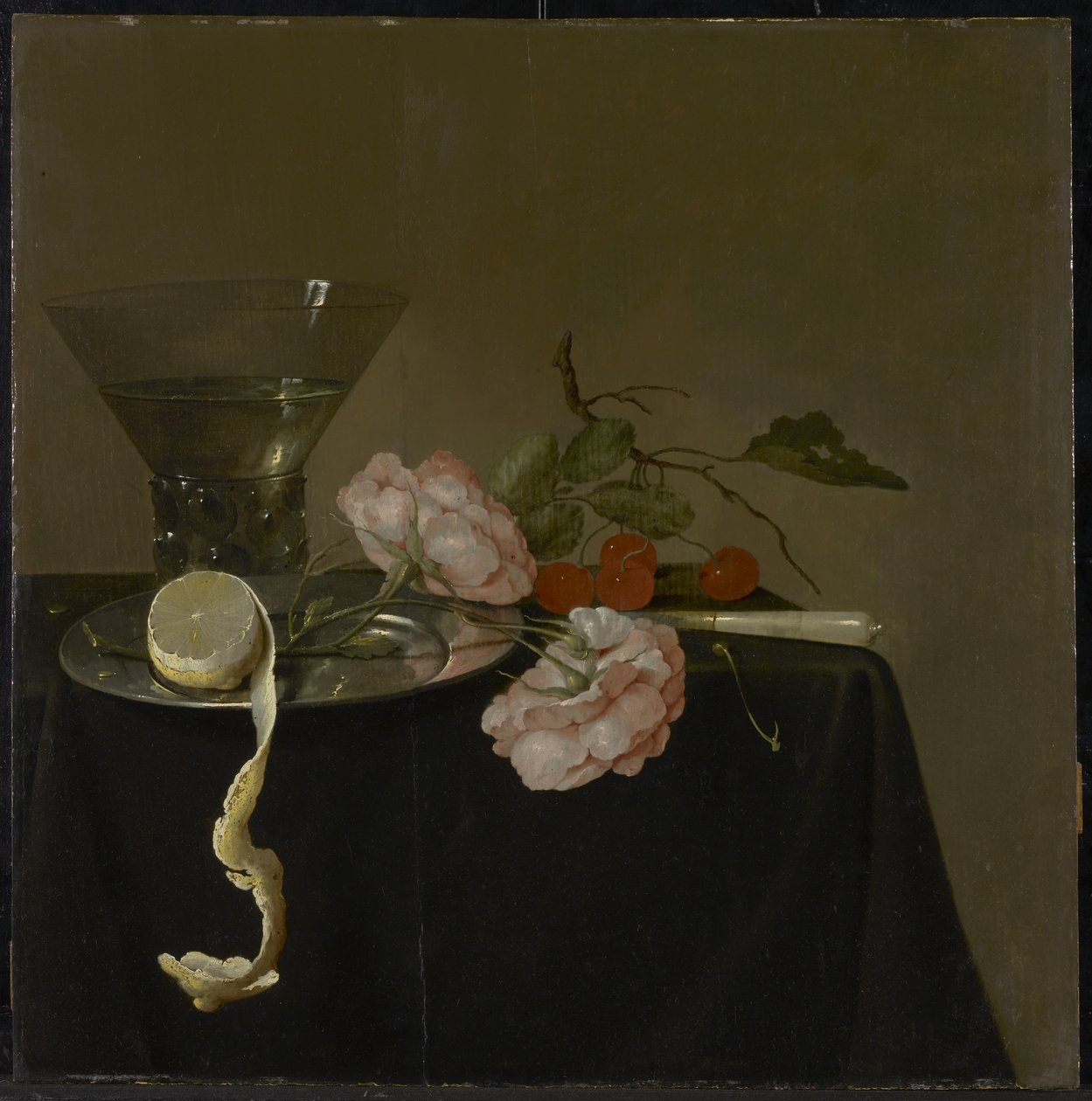 Asetelma juomalasilla, hedelmillä ja ruusuilla, n. 1632-34 tekijältä Jan Davidsz de Heem