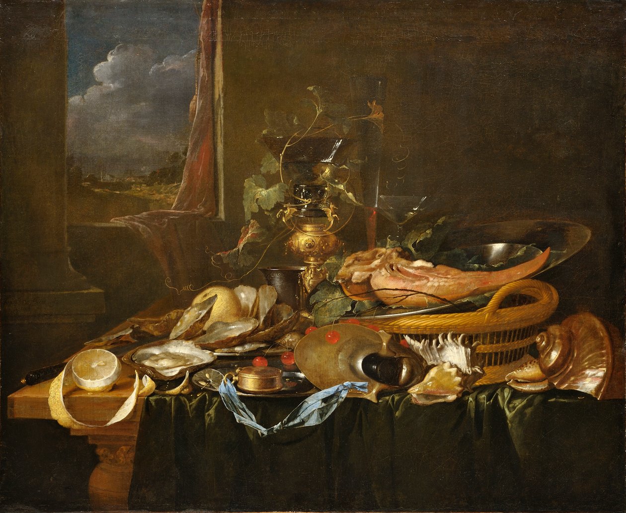 Asetelma, jossa on ostereita ja keitettyä härän kieltä. tekijältä Jan Davidsz. de Heem