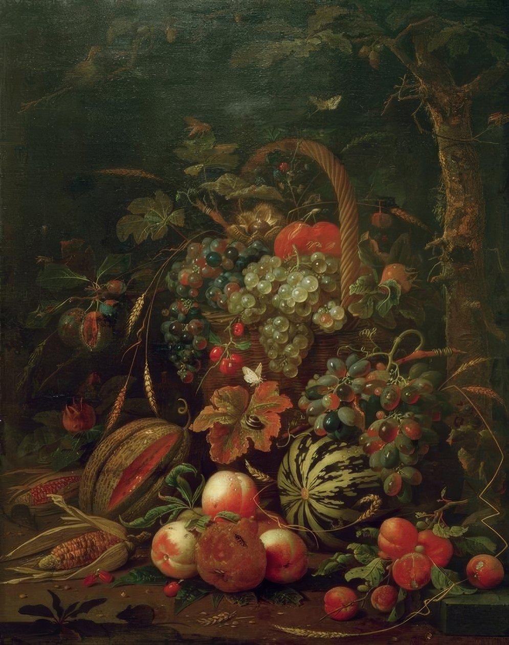 Hedelmäkorin, kurpitsan, melonin ja persikoiden asetelma tammen päällä tekijältä Jan Davidsz de Heem