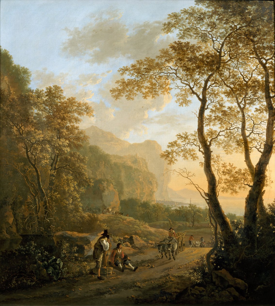 Maisema lepäävien matkustajien ja Oxcartin kanssa, c. 1645 tekijältä Jan Dirksz Both
