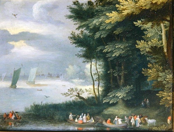 Järven ranta, jossa hahmot nousevat soutuveneisiin (öljy kankaalle) tekijältä Jan Frans van Bredael
